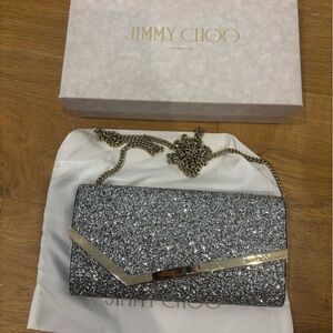 NWT Jimmy Choo Emmie Silver Glitter Embellished Clutch W Gold Chain Crossbody